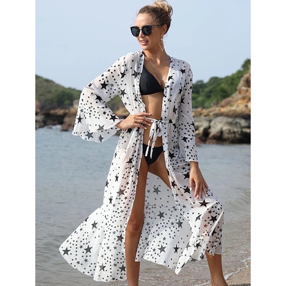 Boho White Chiffon with Black Stars Kimono Duster Beach Coverup - Picture 2 of 16